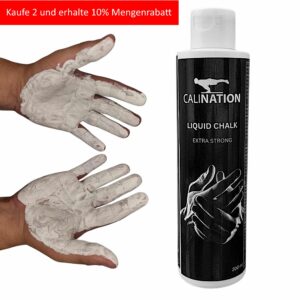 Produktbild für Flüssigkreide kaufen. Gezeigt wird eine 200 ml Flasche Flüssigkreide und Hände, die mit dem Magnesium eingereibt wurden.