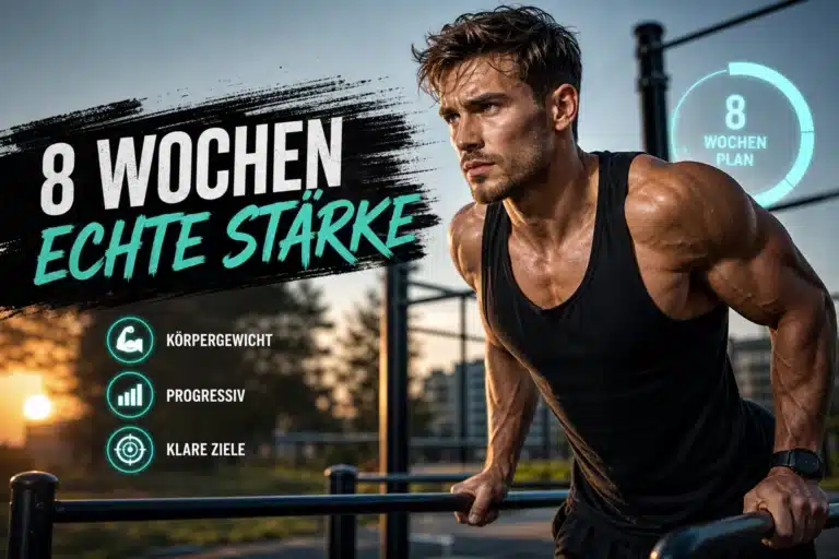 Calisthenics Trainingsplan: Muskulöser Calination Athlet beim Dips-Training an Barren im Park.